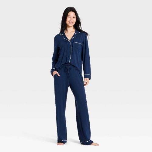 Women's Cloud Knit Modal Long Sleeve Notch Collar Top and Pants Pajama Set - Auden™ Navy Blue XL
