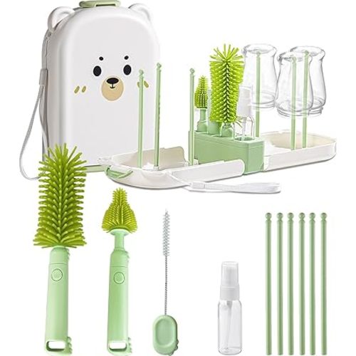 Travel Baby Bottle Cleaner Kit with Storage Case – 6-in-1 Compact Bottle Brush Set for Infant Feeding, Breast Pump Parts & On-The-Go Washing – Baby Travel Essentials for Flying (Green)