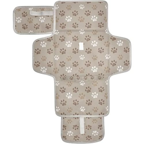 Dog Paws Portable Diaper Changing Pad with Wipes Holder, Brown and White Paw Foldable Baby Diaper Changer Travel Bag Cute Baby Changing Mat with Built-in Pillow for Newborn