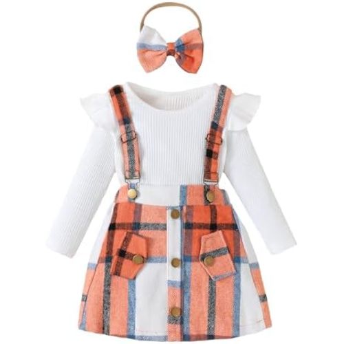 Baby Girl Clothes Sets: 3 Piece Skirt Sets Ribbed Top Plaid Skirts with Headband Fall Outfits for Toddler 6-48 Months