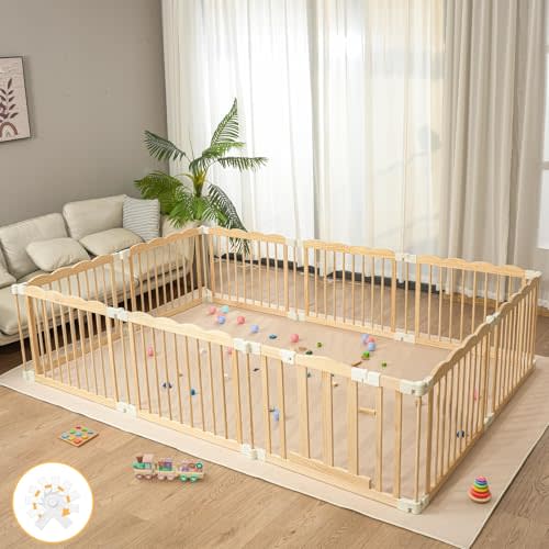 Natural Wood Baby Playpen for Babies and Toddlers Portable Infant Play pens for Kids Extra Large Toddler Wood Fence Play Area with Child Proof Lock 69x103x24Inch