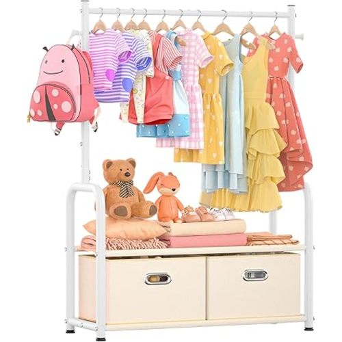 Kids Clothes Rack with 2 Tier Storage Racks and 2 Adjustable Hanging Poles, Small Baby Closet Organizer for Hanging Clothes, Kids Dress-Up Rack (Upgrad, White)