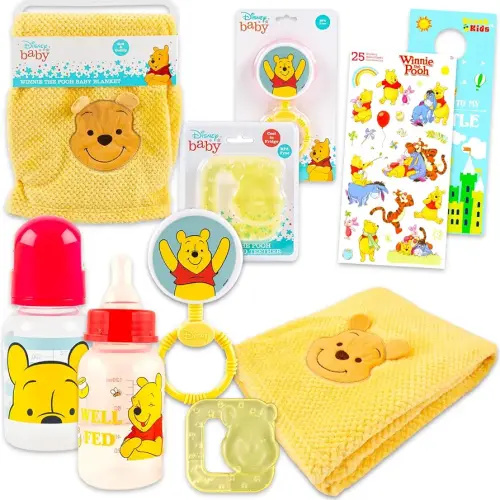 Disney Winnie The Pooh Baby Gift Set - 6 Pc Newborn Essentials Bundle with Blanket, Rattle, Bottle, Teether, Scrapbook Stickers, More | Baby Shower Gifts for Girls, Boys