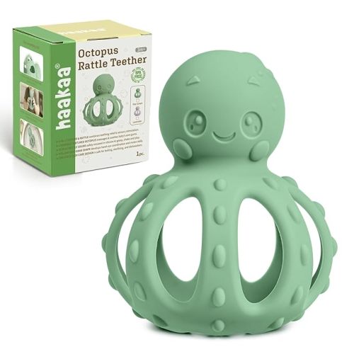 haakaa Octopus Rattle Teether, 2-in-1 Teething Toy with Gentle Rattle, Octopus-Shaped for Soothing Sore Gums & Sensory Stimulation, Easy to Grasp,Pea Green