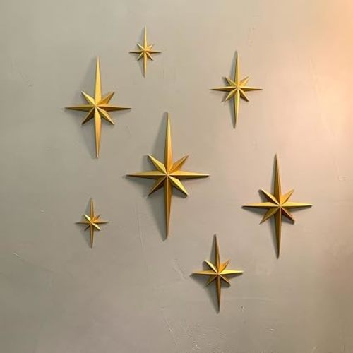MidModArt Mid Century Modern 3D Star Wall Art,Gold Retro Starburst Sculptures,Vintage Celestial Home Decor, Gold Starburst 7PCS