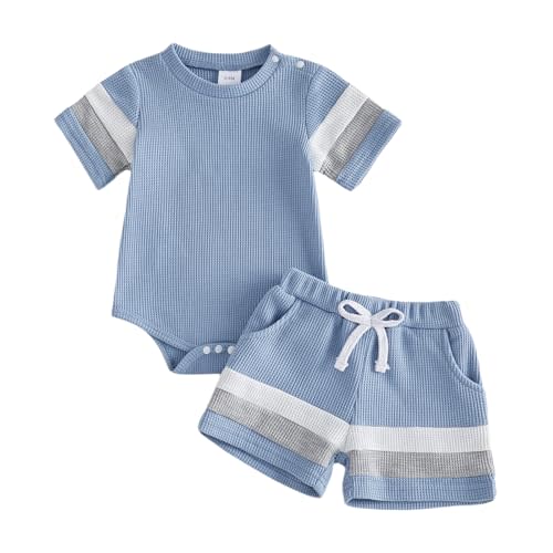 Kuriozud Newborn Baby Boy Summer Clothes Button Short Sleeve Romper Bodysuit Shorts Set Infant Soft Waffle Outfit