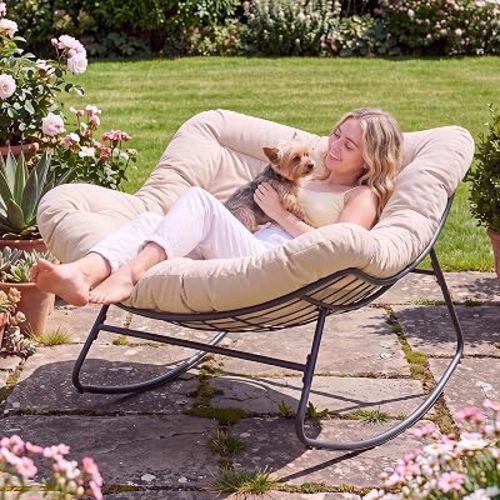Papasan Rocking Chair, Oversized Outdoor Egg Chair with Thick Cushion
