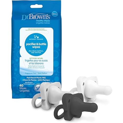 Dr. Brown's HappyPaci 100% Silicone Pacifier 0-6m, BPA Free, Black, Cool Gray, White, 3 Pack and Pacifier and Bottle Wipes, 40 Count