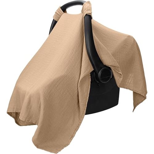 Comfy Cubs Baby Car Seat Cover - Soft, Breathable Bamboo Rayon and Muslin Cotton Blend - Lightweight Canopy for Sun, Bug, and Comfort Protection - Large Size Infant Seat Cover in Cedar Design