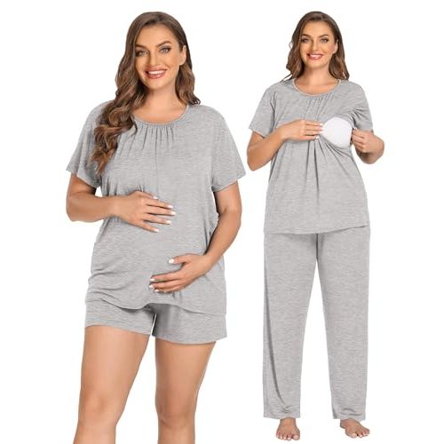 SWOMOG Women 3Pcs Maternity Pajama Set Nursing Pjs Pregnancy Set Breastfeeding Pjs Double Layer with Pockets