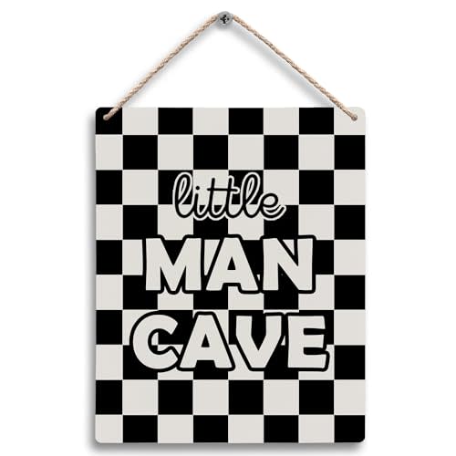 FUGWN Black and White Checkered Little Boy Room Hanging Wooden Signs 8x10, Black Little Man Cave Checkerboard Decor for Little Toddler Boy Nursery, Preppy Checkered Home Decor Gifts for Boys Kids