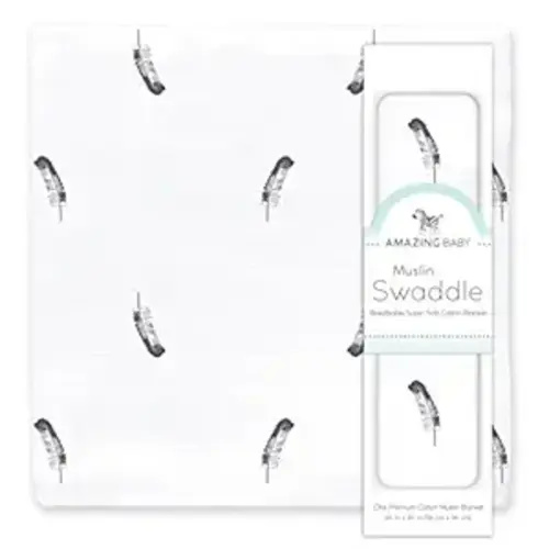 Amazing Baby Muslin Swaddle Blanket, Premium Cotton, Little Feather, Gray & Soft Black