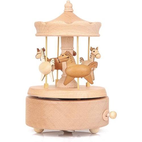 Carousel Music Box, Wooden Horse Music Box for Girl Women, Christmas Birthday Gift, No Battery Home Wood Decor