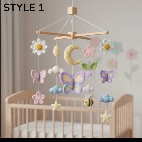 Spring themed handmade crochet baby toys with flowers, butterflies, bees, clouds, stars, nursery decor, crib toy, baby shower gift