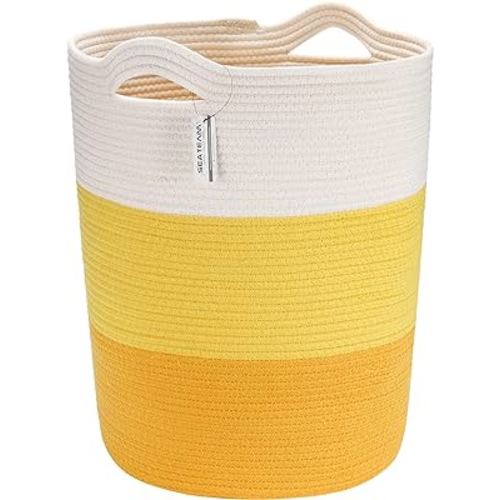 Sea Team Large Size Cotton Rope Woven Storage Basket with Handles, Laundry Hamper, Fabric Bucket, Drum, Clothes Toys Organizer for Kid's Room, 20 x 14 inches, Round Open Design, White & Yellow