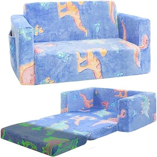 Toddler Chair Comfy,2-in-1 Soft Toddler Couch Fold Out for Kids,Convertible Sofa to Lounger,Gift for Girls and Boys Birthday,Dinosaurs,Large