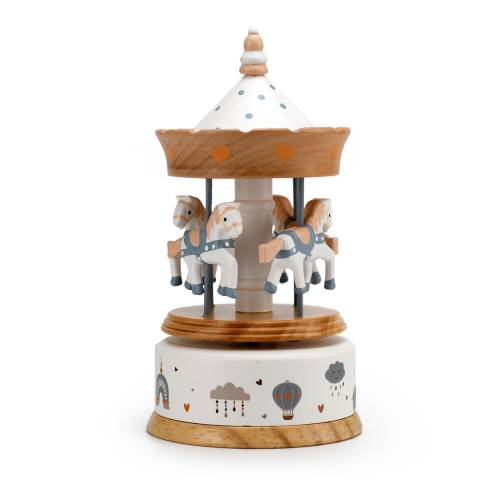 Musical Natural Wood with Blue Polka Dots Animated Carousel with Childhood Themed Accents - Many Songs to Choose