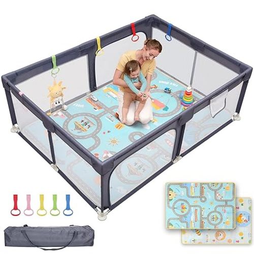 Dripex Baby Playpen, 47"x47" Small Playpen for Babies, Enhanced Safety Baby Play Yard for Indoor & Outdoor, Infant Play Pen with Soft Breathable Visible Mesh, Anti-Fall Design & Easy Setup, Grey