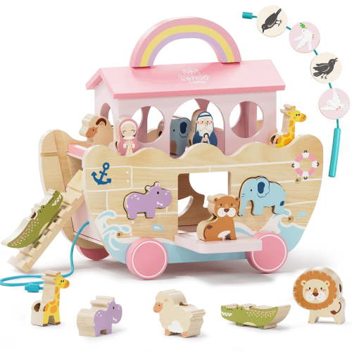 KWANITHINK Wooden Noah's Ark Toy for Toddlers 1-3, Montessori Shape Sorter & Lacing Pull Toy with Paired Animals, Carry Handle, Pink Baptism & 1st Birthday Gift