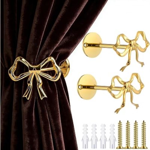 2 Pcs Gold Bow Curtain Tiebacks - Decorative RustProof Metal Wall Mounted Curtain Tie Backs for Nursery Bathroom Bedroom Intricate Design with Screws Anchors with Screws Anchors