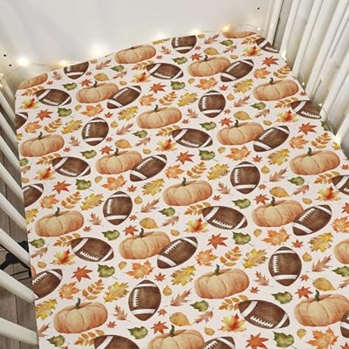 Fall Pumpkin Football Leaves Baby Crib Sheets for Boy Girl 52x28 American Football Autumn Sports Soft Snug Fitted Crib Mattress Cover Thanksgiving Baby Sheet for Standard Crib & Toddler Bed Mattress