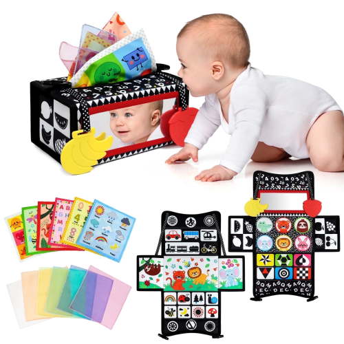 Dr.Rapeti Tummy Time Mirror Toy Tissue Box Toy 3in1 Baby Toy Black and White High Contrast Double-Sided Foldable Sensory Montessori Toy Crinkle Silk Scarves Teethers 0-6 6-12 Month Newborn Infant Bab