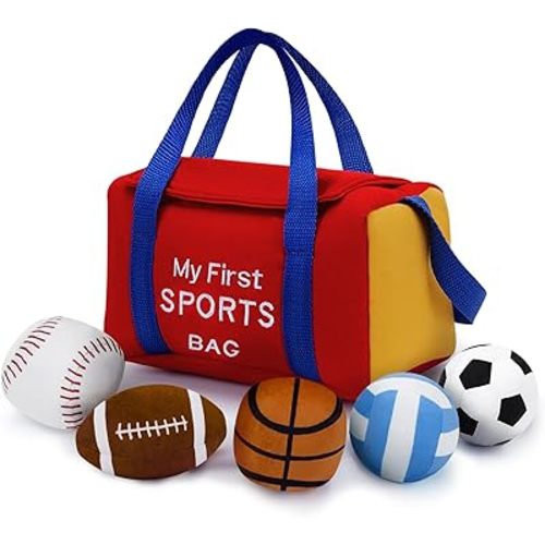 My First Sports Bag Plush, Baby Sports Toys Plushie with 5 Pcs Ball Plushy for Toddlers, First Birthday Gifts for Boys Girls