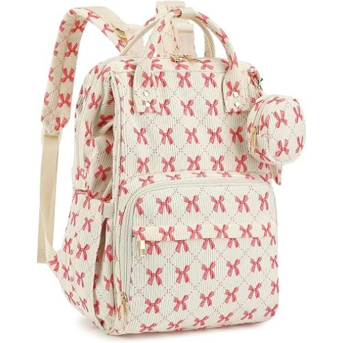 Corduroy Diaper Bag Backpack, Large Capacity Multifunction Baby Diaper Bags for Women, Insulated Bottle Pockets & Pacifier Case, Stylish Travel Nappy Changing Bags for Mom Dad (Bow Pink)