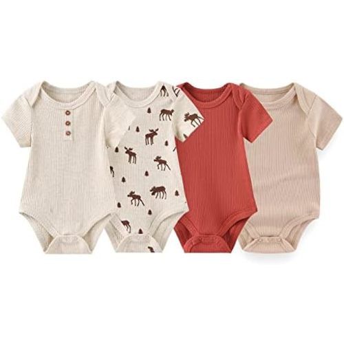 ZAV Solid Unisex Short Sleeve Baby Boy Girl Bodysuits 4-pack Cotton Cartoon Baby Clothes Soft Infant Outfits
