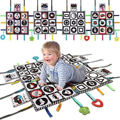 teytoy Tummy Time Floor Mirror, Double High Contrast Play and Pat Activity Mat Black and White Baby Crinkle Toys with Teether, Great Gift for Infants Boys and Girls -Pack of 4 - Simple Patterns