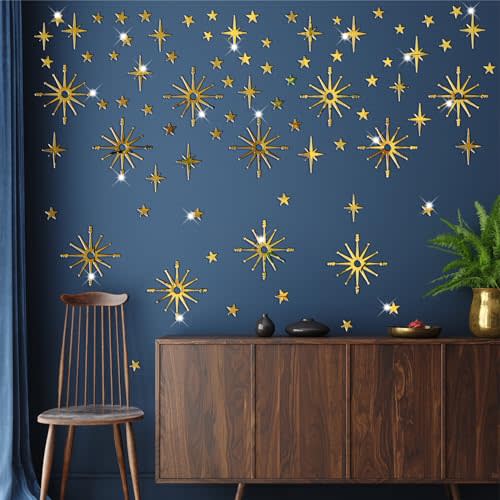 Star Wall Decals Gold Stars Wall Ceiling Decor Removable Acrylic Mirror Stickers Peel and Stick Sparkle Sticker for Walls 3D Mirror Art Murals for Boys Girls Bedroom Living Room Nursery Decorations