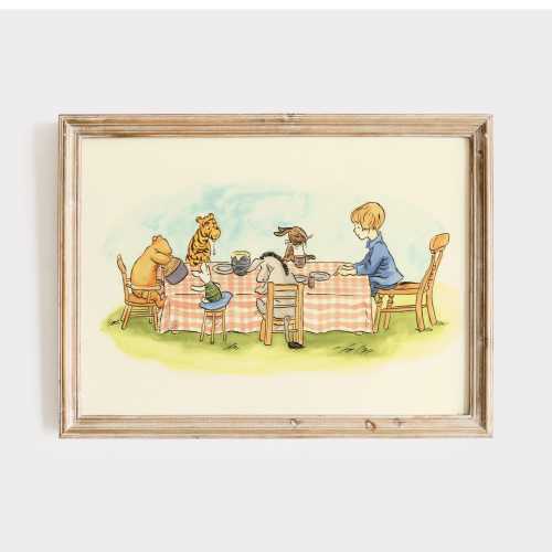 Vintage Winnie the Pooh Fine Art Print, Pooh and Friends Dinner, Vintage Pooh Poster Art for Nursery.