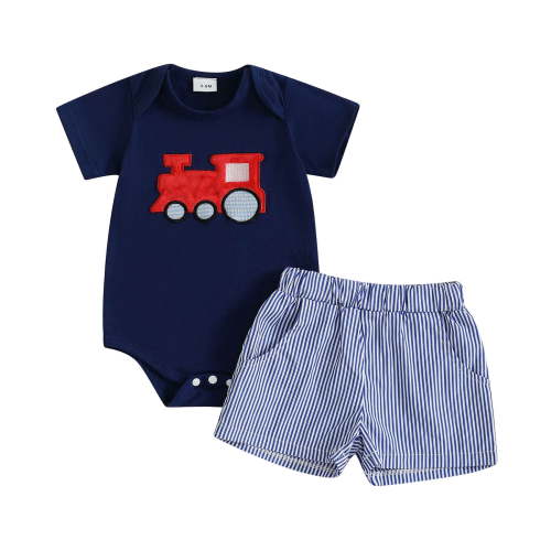 Akiihool Outfits Sets for Newborn Boys 2 Piece Baby Boy Summer Outfit Clothes Short Sleeve T-Shirt Tops Shorts Set (Dark Blue,0-3 Months)