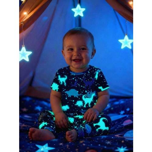 Bubblio 2pcs Baby Boy Snug Fit Pajama Set,Cartoon Dinosaur Pattern Knit Soft Round Neck Short Sleeve Top,Elastic Waist Long Pants,Navy Blue Summer Cute Night