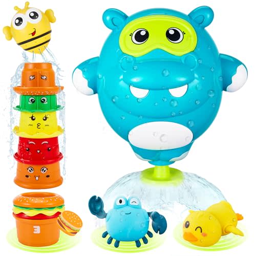 EKU Hippo Bath Toys for Kids Ages 18months+ Toddler with Burger Stacking Cups Swimming Duck Crab Bath Time Water Play Toys Bathtub Toys