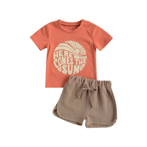 Qtinghua 2Pcs Toddler Baby Boy Summer Clothes Letter & Sun Pattern Short Sleeve Tops + Shorts Outfits Khaki 12-18 Months