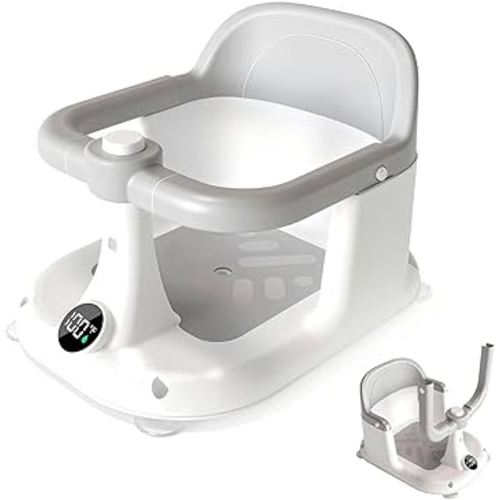 Baby Bath Seat for Infants 6 Months & Up - Adjustable Sitting up Bathtub Chair with Surround Design & Temperature Sensor, Non-Slip 4-Suction Base for Infant Bath Safety (Grey)