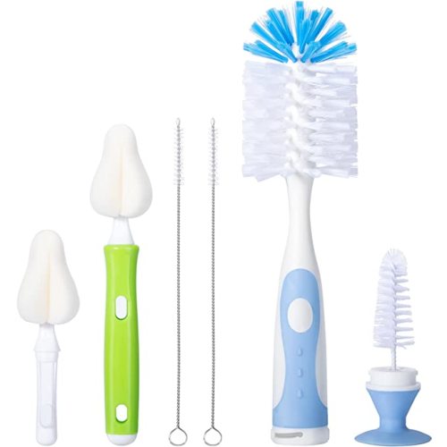 Baby Bottle Brush Set with Nylon Nipple Cleaner, Sponge & Straw Brushes (Blue)