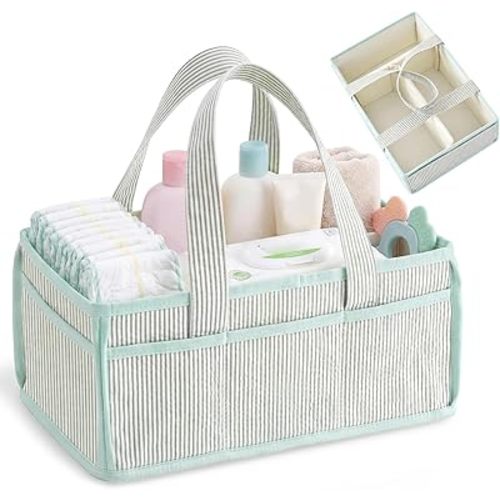 Huhumy Baby Diaper Caddy, Stripe Diaper Caddy Storage Organizer, Stylish Large Tote Bag for Newborn Essentials Nursery Storage Boy or Girl, Gift for Baby Shower and Registry Must-Have(Green)