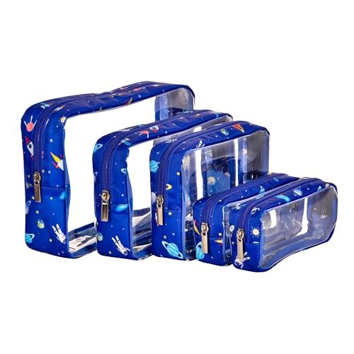 Remobia Hicol TSA Approved 5-Piece Diaper Bag Organizer Pouch Set Clear Waterproof TPU Kids Toiletry Storage Set Travel Packing Clutch Cube Bags for Baby Nursing(Astronaut)