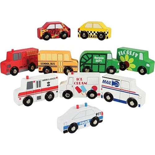 Constructive Playthings Set of 10 Wooden Community Vehicles, Freewheeling Wooden Cars and Trucks, Imaginative Play for Ages 3 Years and Up