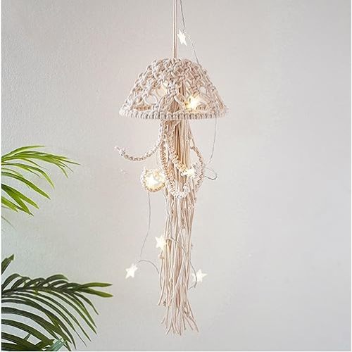 Macrame Wall Hanging,Jellyfish Dream Catcher with Star Lights,Bohemian Woven Wall Art Decor Beautiful Apartment Dorm Room Door Decoration (White)
