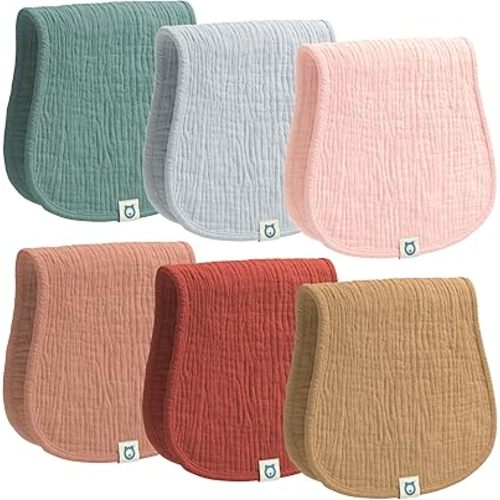 ROMY RO Muslin Burp Cloths Set, 6 Pieces, 100% Organic Cotton Hand Washcloths for Baby Boys and Girls Extra Absorbent and Soft Burping Rags (Earth - Multi Colored)