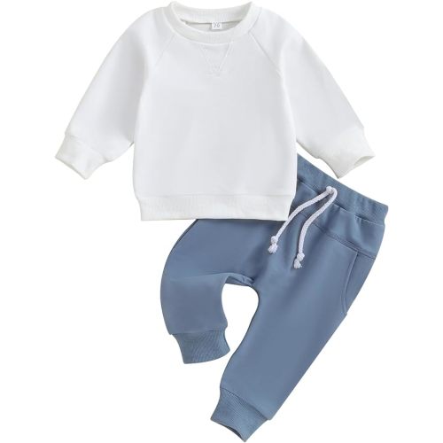 Toddler Baby Boy Clothes Solid Color Long Sleeve Crewneck Sweatshirt Top Casual Pants Set 2Pcs Fall Winter Outfits