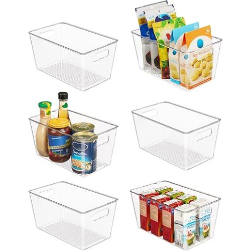 Vtopmart Clear Plastic Storage Bins, 6 PCS Pantry Organizer Bins with Handle for Refrigerator, Fridge, Cabinet, Kitchen, Countertops, Cupboard, Freezer Organization,Medium