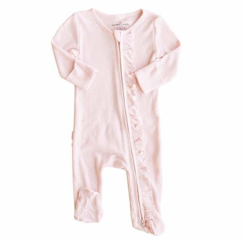 Pearl Pink Bamboo Waffle Ruffle Zipper Footie