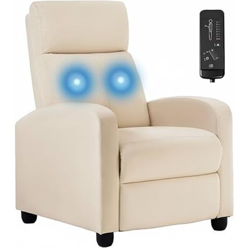 BestMassage | Recliner Chair | with 2 Point Massage Function | Textile Beige | with Lumbar Support, Adjustable Push Back, Footrest & Padded Seat | Easy Assembly | for Living Room, Home Theatre