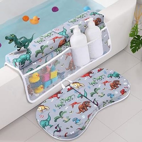 Bath Kneeler and Elbow Rest Pad Set, Dinosaur Design 1.5" Thick Comfortable Kneeling Cushion with Organizer Pockets - Quick Drying, Foldable, Non-Slip for Bathing Time