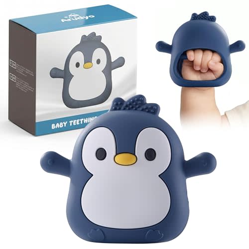 Baby Teething Toys for 3-6 Months Silicone Teething Mittens for Babies Food Grade Silicone Teether (Penguin Black wthite)