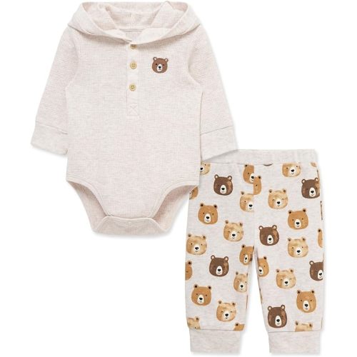 Baby Boys' 2-Piece 100% Cotton Hooded Onesie and Pant Set, 0-24 Months
